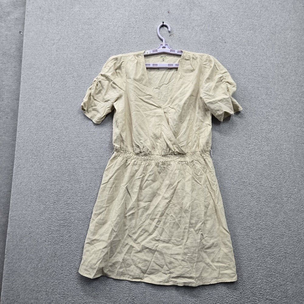 Kiabi Women Dress US 6 Beige Linen Wrap Dress Button Short Sleeve Lightweight